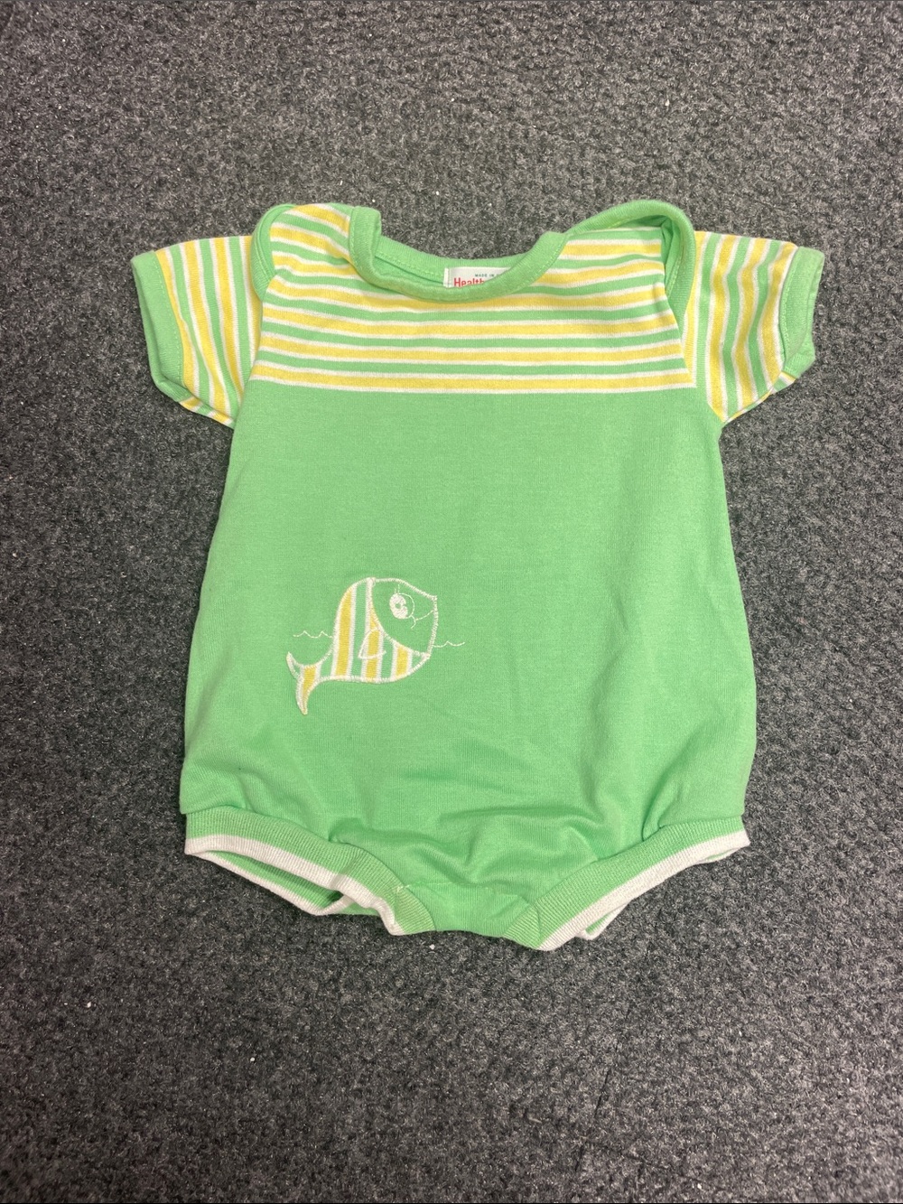 Healthtex Vintage 1970s Baby Green romper one piece fish stripes unisex 6 mo